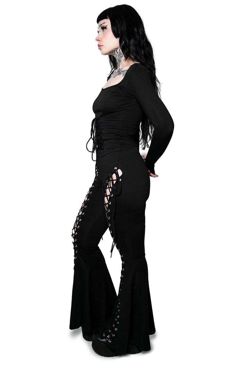 Alice Lace Up Flare Pants – Forest Ink